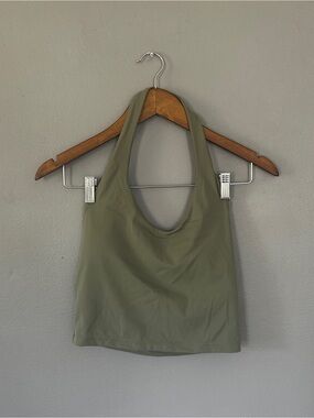 Olive Green Halter Crop Top Built-In Shelf Bra Stretch Size Medium